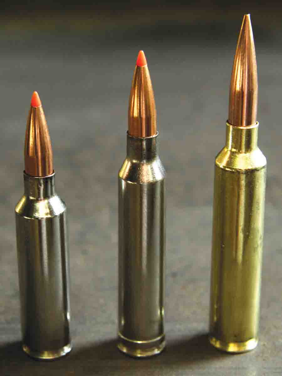 From left, the 7mm Winchester Short Magnum (WSM), 7mm Remington Magnum and .28 Nosler have different case capacities.